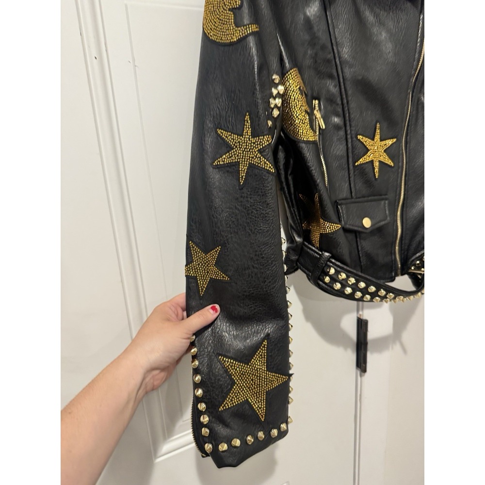 Azalea Wang Women's Black Studded Celestial Moto Jacket M Cropped Moon Stars M - Picture 2 of 15